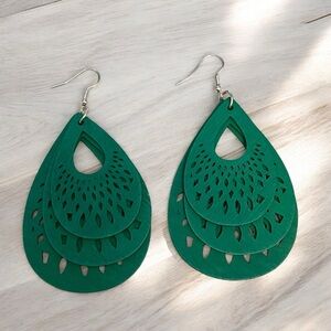 Green Wood Carved Earrings Lightweight